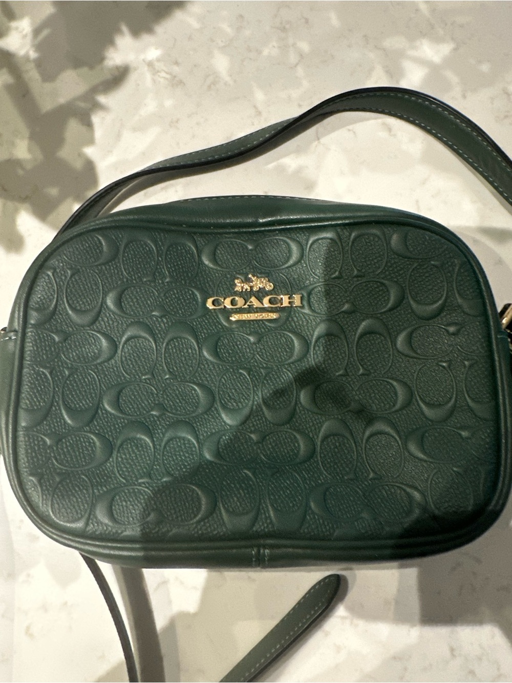 COACH Dark Green Signature Embossed Leather Crossbody Bag